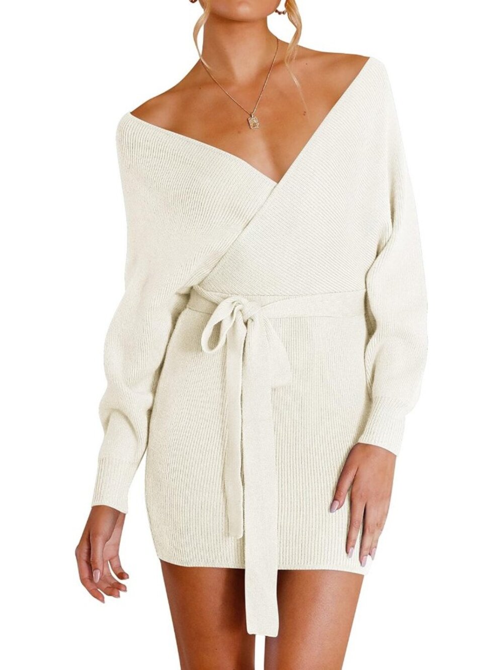Chic Women's Long Batwing Sleeve V-Neck Sweater Dress - Cozy & Stylish Outfit